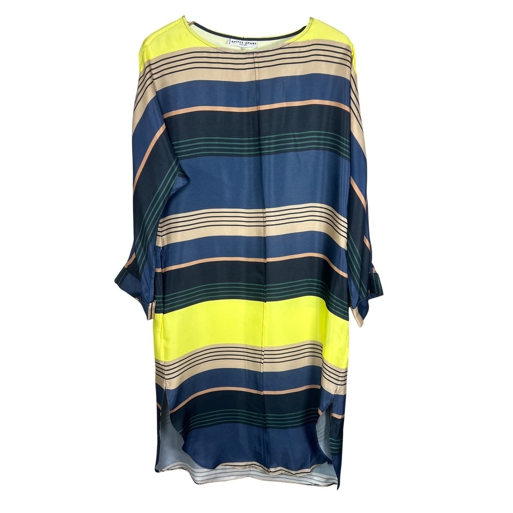 Apiece‎ Apart Womens Striped Silk Shift Dress Navy Neon Yellow Size 4 Pockets